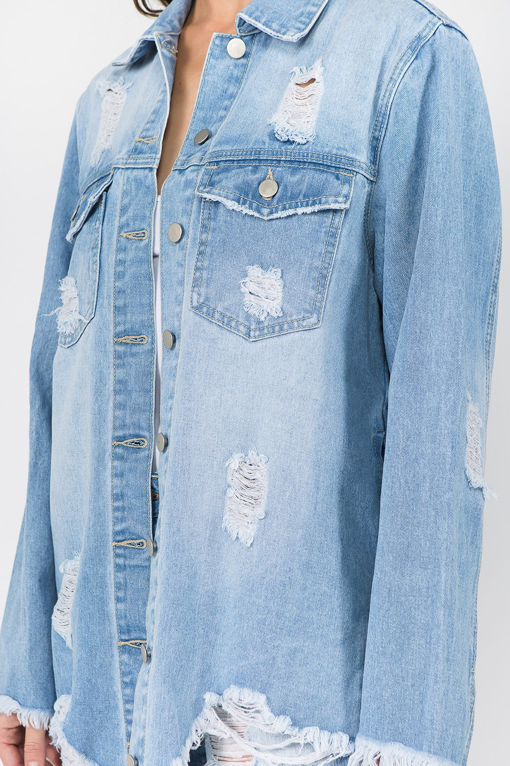 Frida® | American Bazi distressed denimjakke med frynsete kant