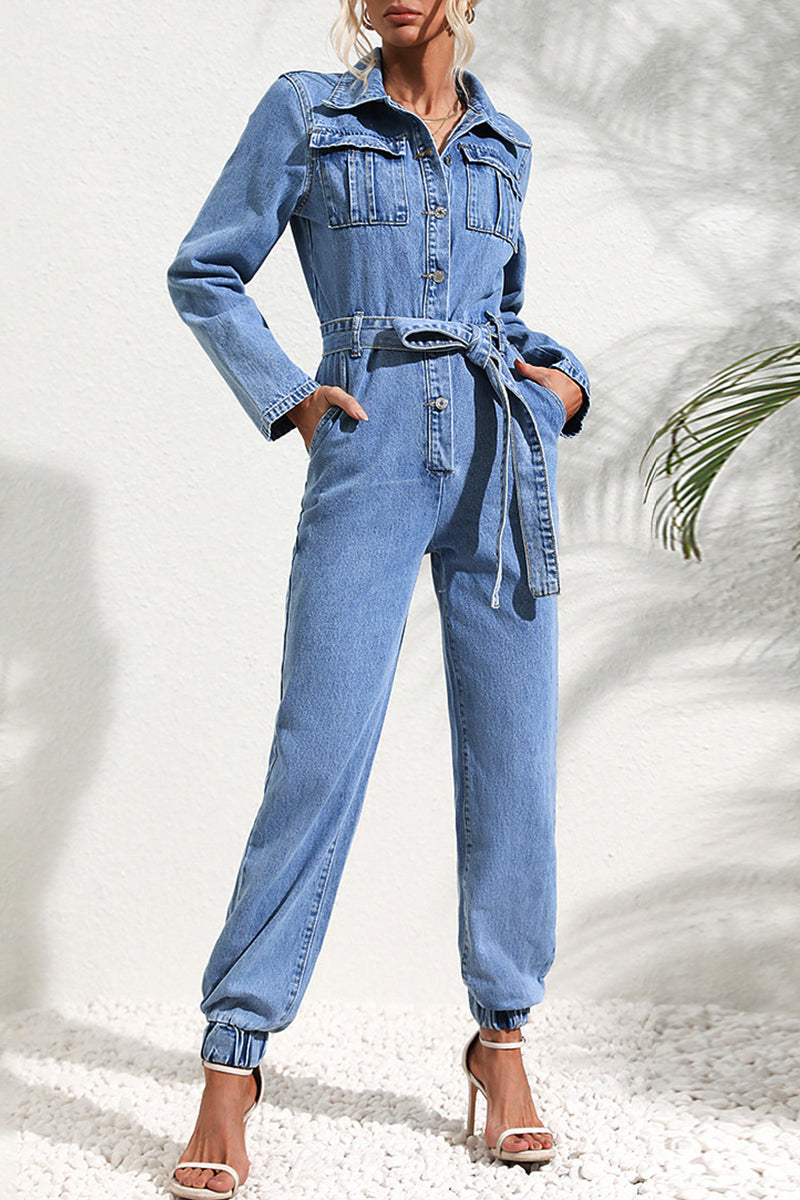 Yadira® | Uformell Street Solid Bandasje Lomme Turndown Krage Langermet Vanlige denim Jumpsuits