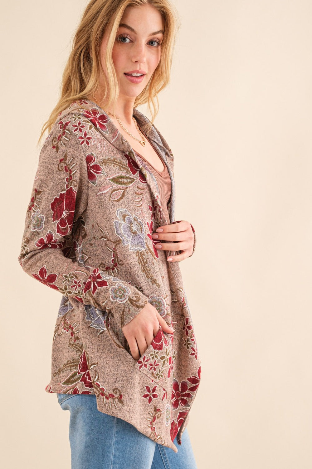 Yasmina® | Og Why Floral termisk cardigan med hette og åpen front