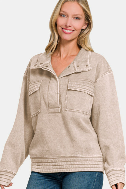 Adriana® | Zenana Acid Washed Half Snap Fleece-genser