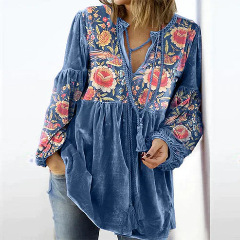 Martina® | Vintage Print V-hals langermet bluse for kvinner