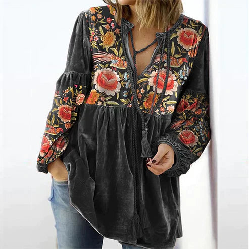 Martina® | Vintage Print V-hals langermet bluse for kvinner