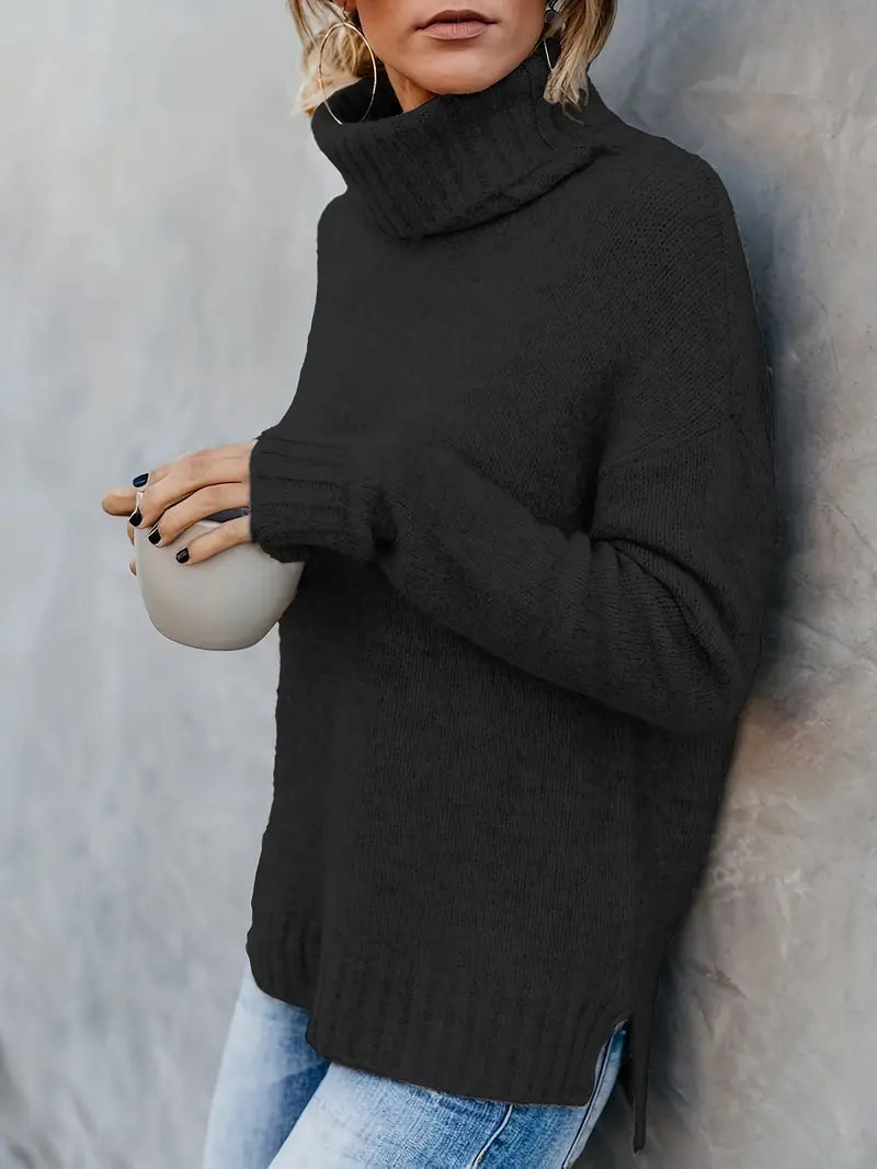 Wendy® | Solid turtleneck genser, casual langermet genser med splitte ermer