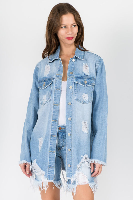 Frida® | American Bazi distressed denimjakke med frynsete kant