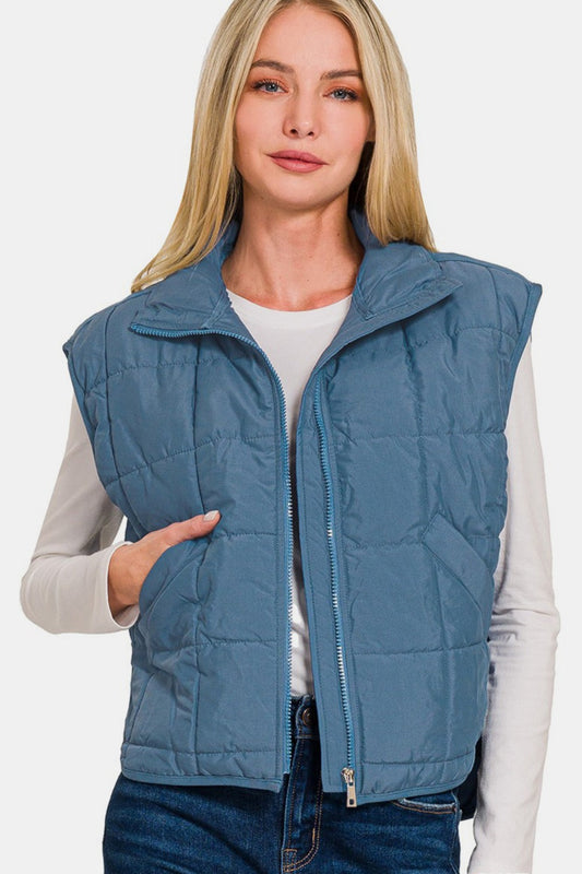 Amalia® | Cropped puffervest fra Zenana med glidelås og lommer