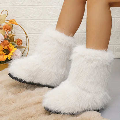 Zoe® | Dame Ensfarge Mid Calf Boots, Fashion Faux Fur Winter Boots