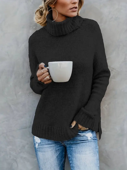 Wendy® | Solid turtleneck genser, casual langermet genser med splitte ermer