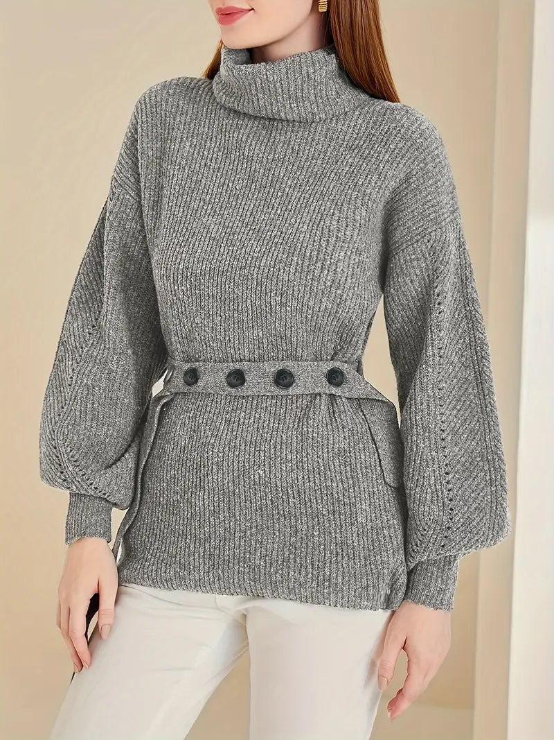 Helga® | Ensfarget turtleneck genser, casual lanterne ermet Button Detail Belted genser