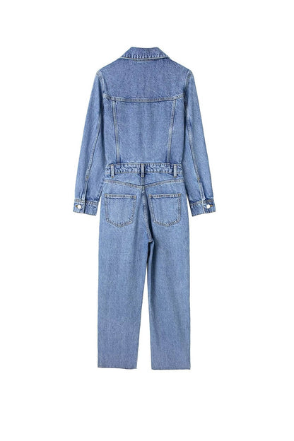 Hanna® | Langermet denim jumpsuits med lommer og høy midje