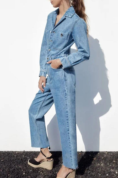 Hanna® | Langermet denim jumpsuits med lommer og høy midje