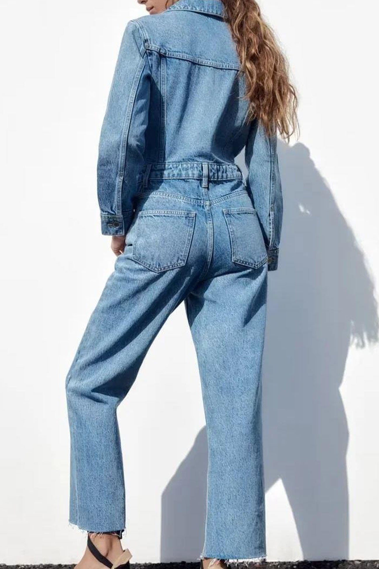 Hanna® | Langermet denim jumpsuits med lommer og høy midje