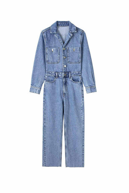 Hanna® | Langermet denim jumpsuits med lommer og høy midje