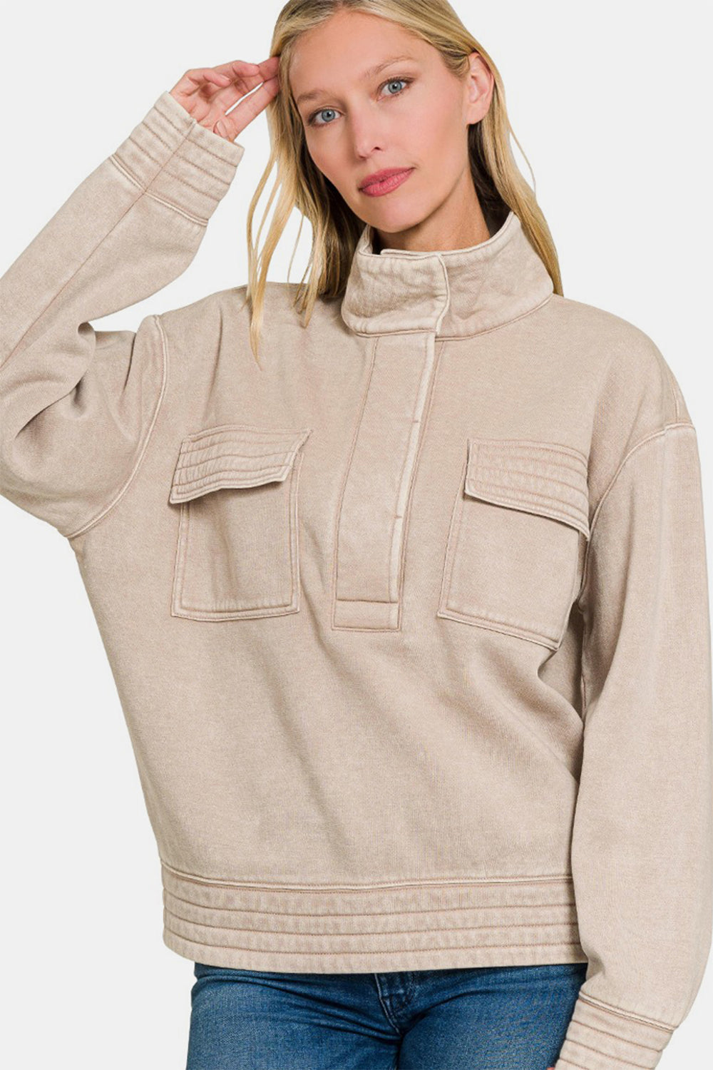 Adriana® | Zenana Acid Washed Half Snap Fleece-genser